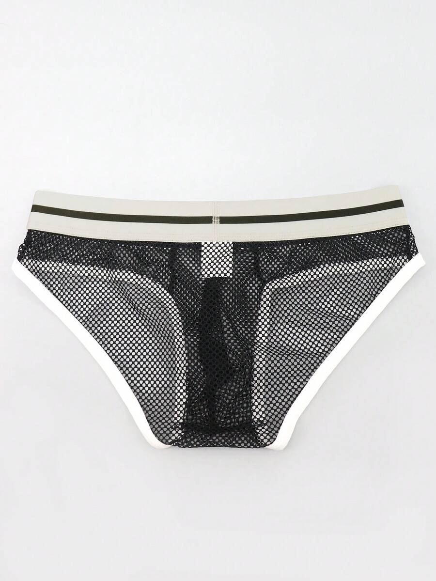 Black low-rise men's mesh briefs featuring contrast binding and tape details