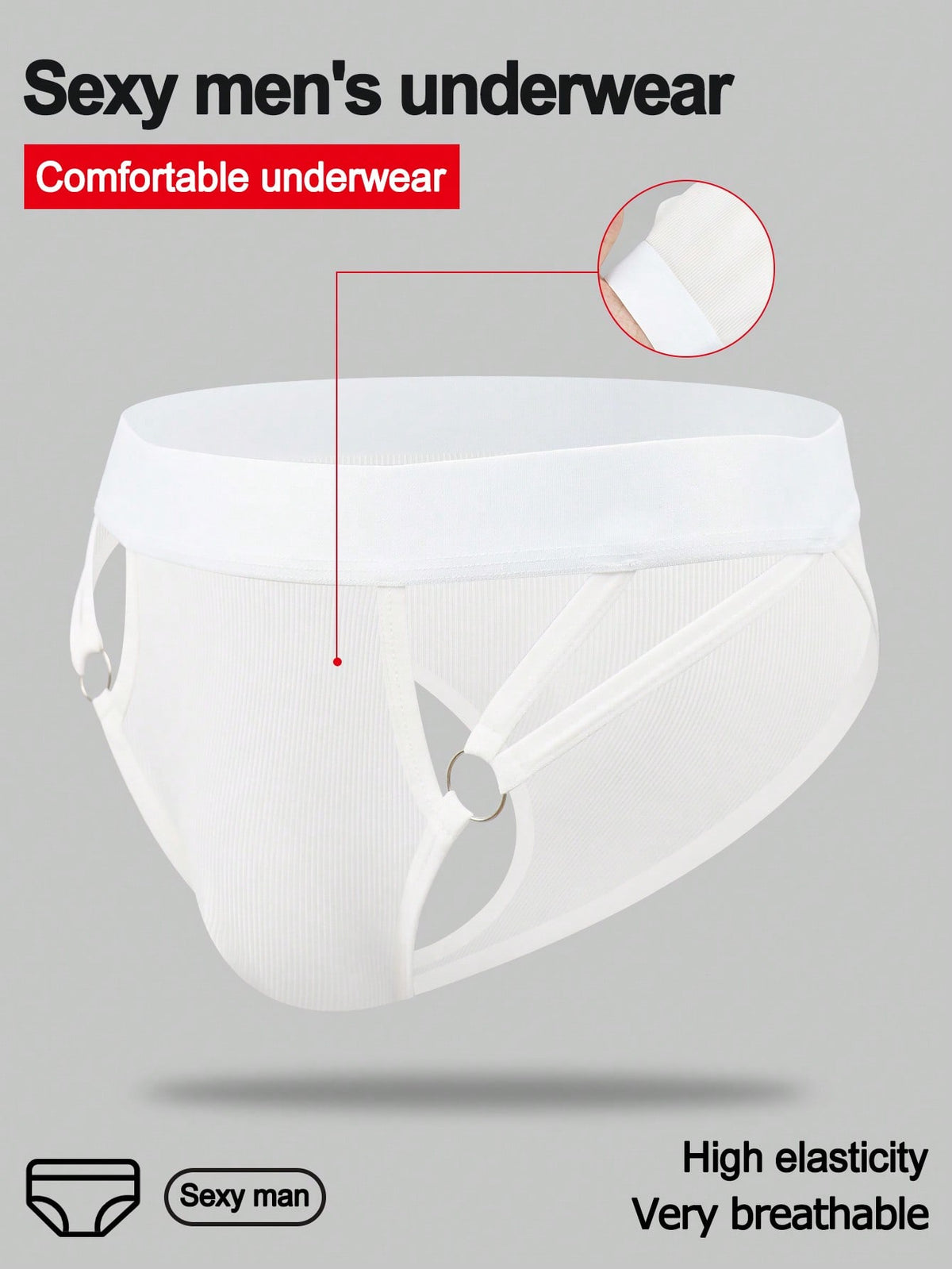 Men's black low-rise thong underwear with a ring-connected hollow design in knitted stretch fabric.