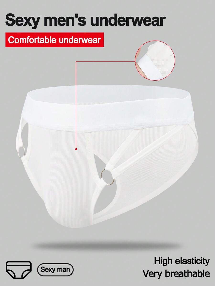 Men's black low-rise thong underwear with a ring-connected hollow design in knitted stretch fabric.