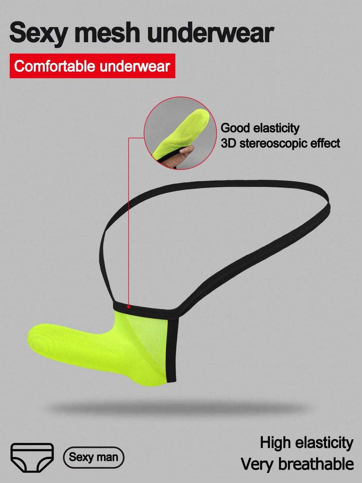 Yellow mesh jockstrap for men with a mid-rise waist, hollow U-convex pouch design, and breathable stretch polyamide fabric.