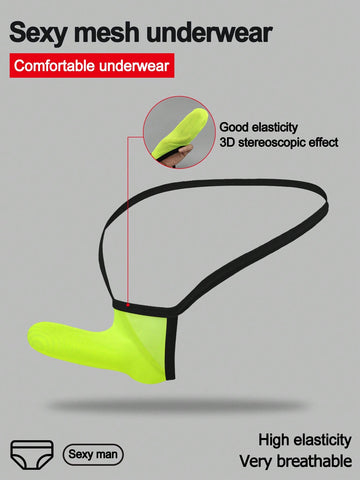 Yellow mesh jockstrap for men with a mid-rise waist, hollow U-convex pouch design, and breathable stretch polyamide fabric.
