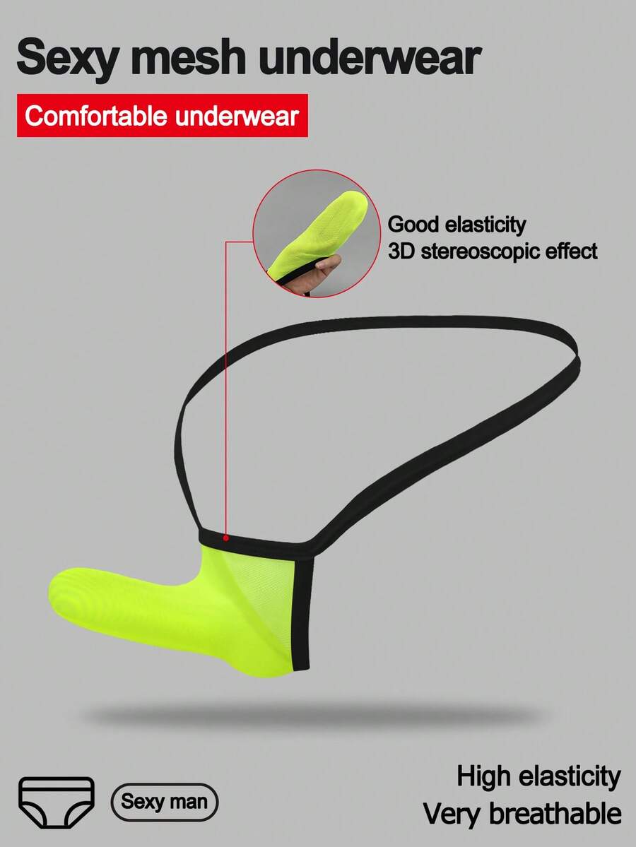 Yellow mesh jockstrap for men with a mid-rise waist, hollow U-convex pouch design, and breathable stretch polyamide fabric.