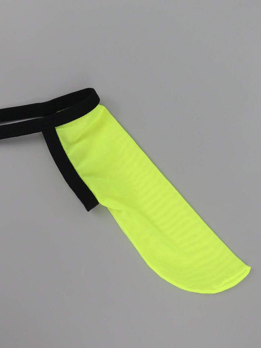 Yellow mesh jockstrap for men with a mid-rise waist, hollow U-convex pouch design, and breathable stretch polyamide fabric.