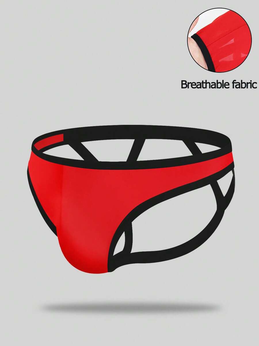 Red men's low-rise jockstrap underwear featuring criss-cross cut-out details in medium stretch knitted fabric.