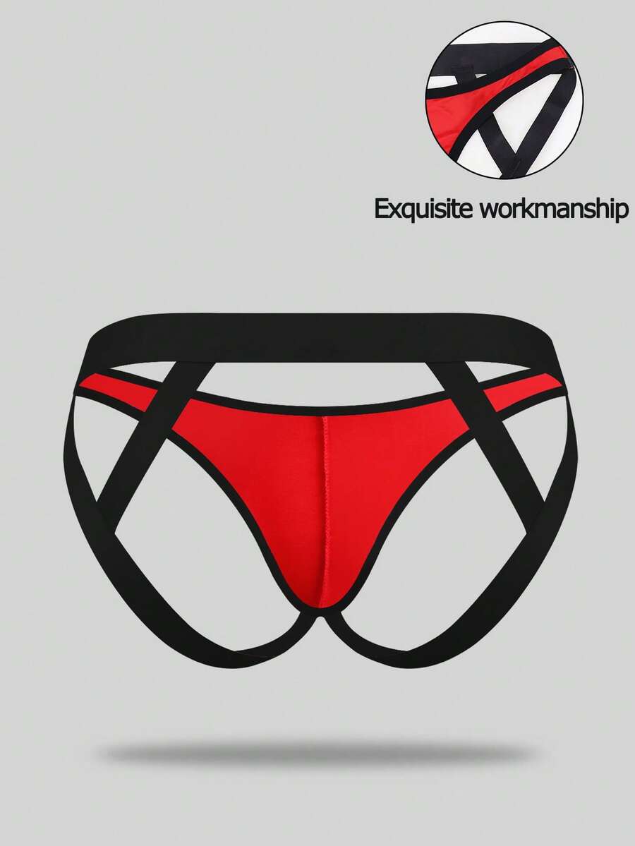 Red men's low-rise jockstrap underwear featuring criss-cross cut-out details in medium stretch knitted fabric.