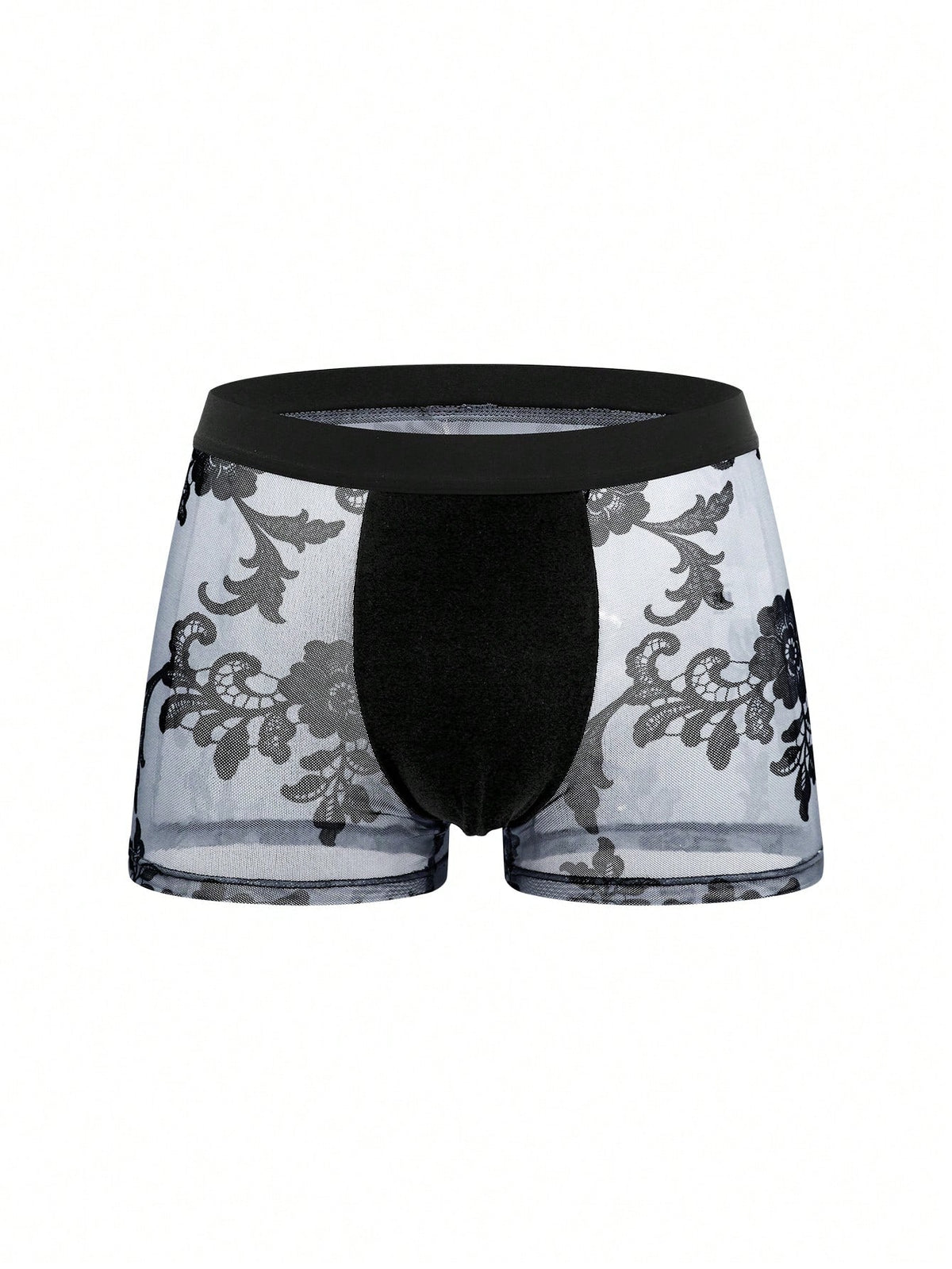Black mid-rise men's boxer briefs featuring contrast binding and semi-sheer high-stretch fabric with a Halloween pattern.