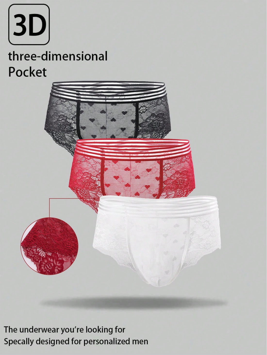Three-pack men's lace briefs in multicolor with geometric pattern, semi-sheer finish, mid-rise cut, and medium-stretch knitted fabric.