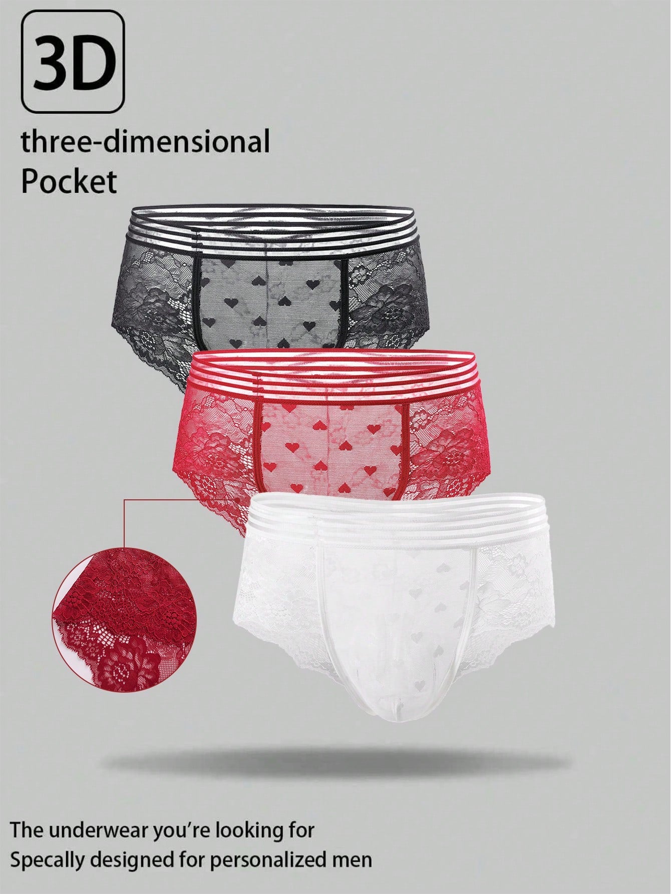 Three-pack men's lace briefs in multicolor with geometric pattern, semi-sheer finish, mid-rise cut, and medium-stretch knitted fabric.