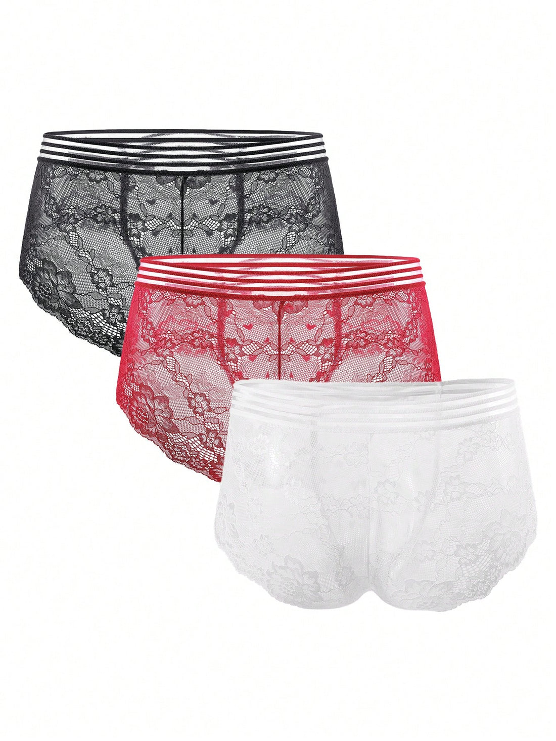 Three-pack men's lace briefs in multicolor with geometric pattern, semi-sheer finish, mid-rise cut, and medium-stretch knitted fabric.