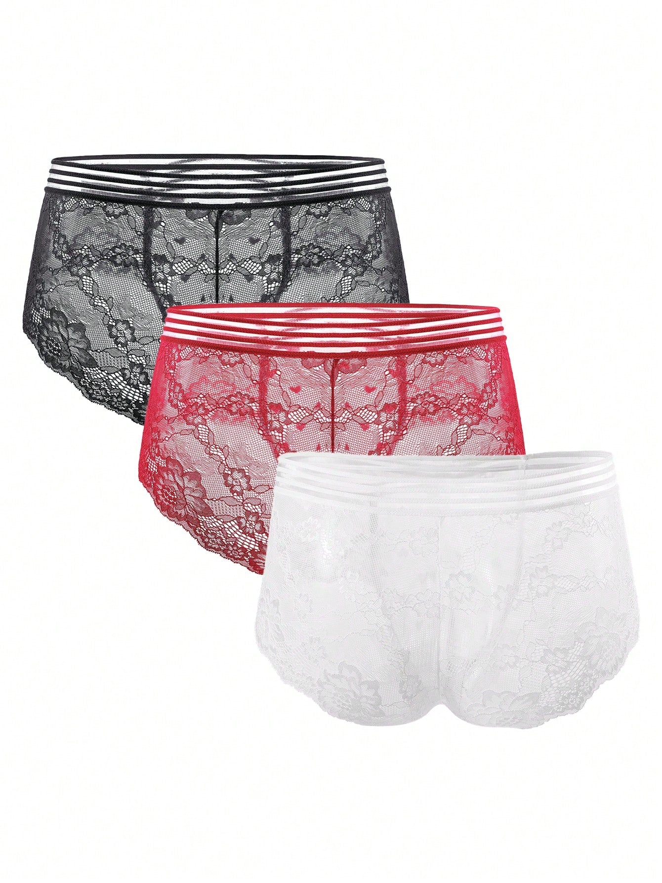Three-pack men's lace briefs in multicolor with geometric pattern, semi-sheer finish, mid-rise cut, and medium-stretch knitted fabric.