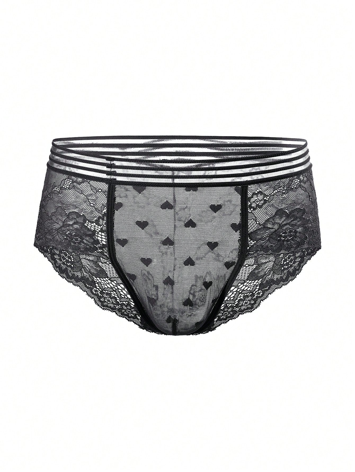 Three-pack men's lace briefs in multicolor with geometric pattern, semi-sheer finish, mid-rise cut, and medium-stretch knitted fabric.