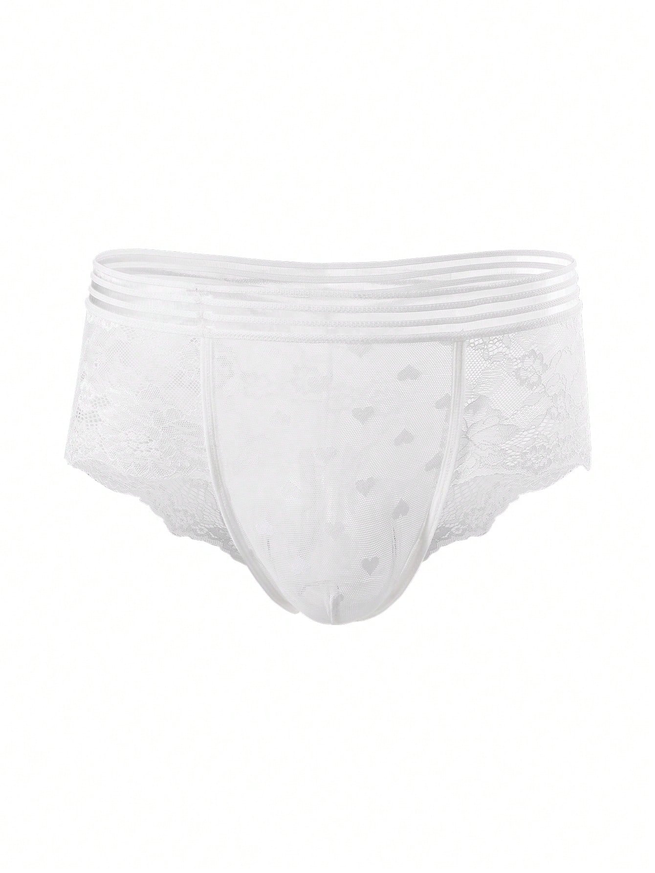 Three-pack men's lace briefs in multicolor with geometric pattern, semi-sheer finish, mid-rise cut, and medium-stretch knitted fabric.