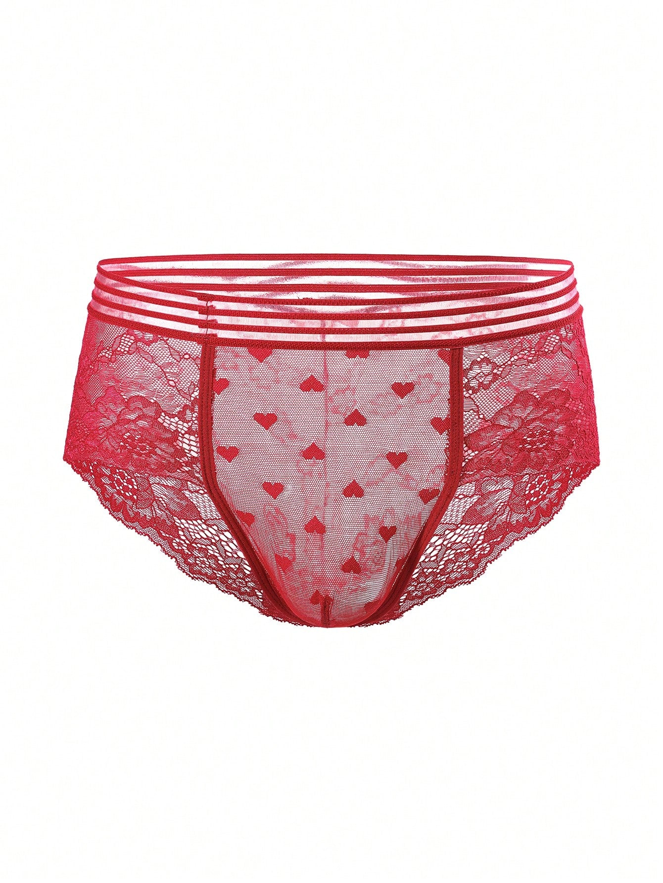 Three-pack men's lace briefs in multicolor with geometric pattern, semi-sheer finish, mid-rise cut, and medium-stretch knitted fabric.
