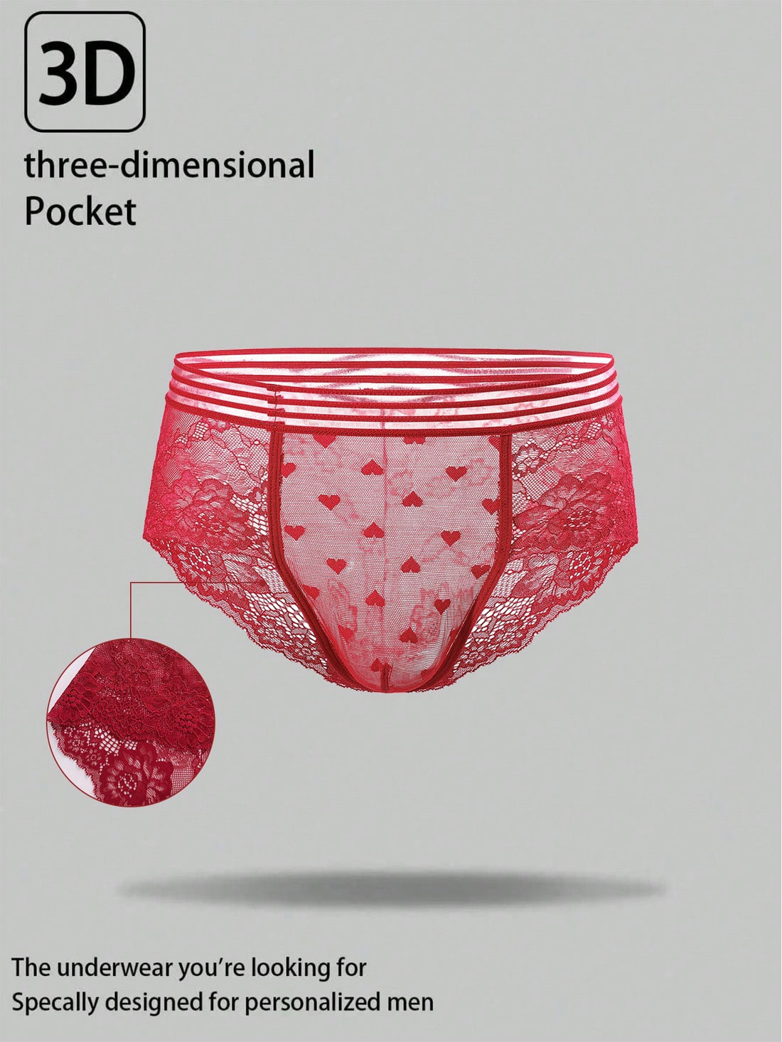 Men's semi-sheer lace briefs in burgundy with a geometric pattern, mid-rise fit, and medium-stretch knitted fabric.