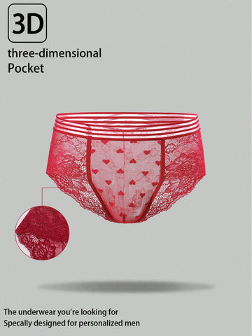 Men's semi-sheer lace briefs in burgundy with a geometric pattern, mid-rise fit, and medium-stretch knitted fabric.