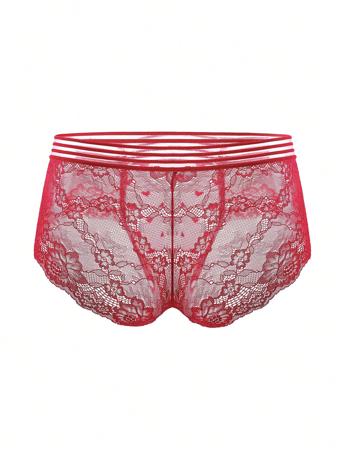 Men's semi-sheer lace briefs in burgundy with a geometric pattern, mid-rise fit, and medium-stretch knitted fabric.