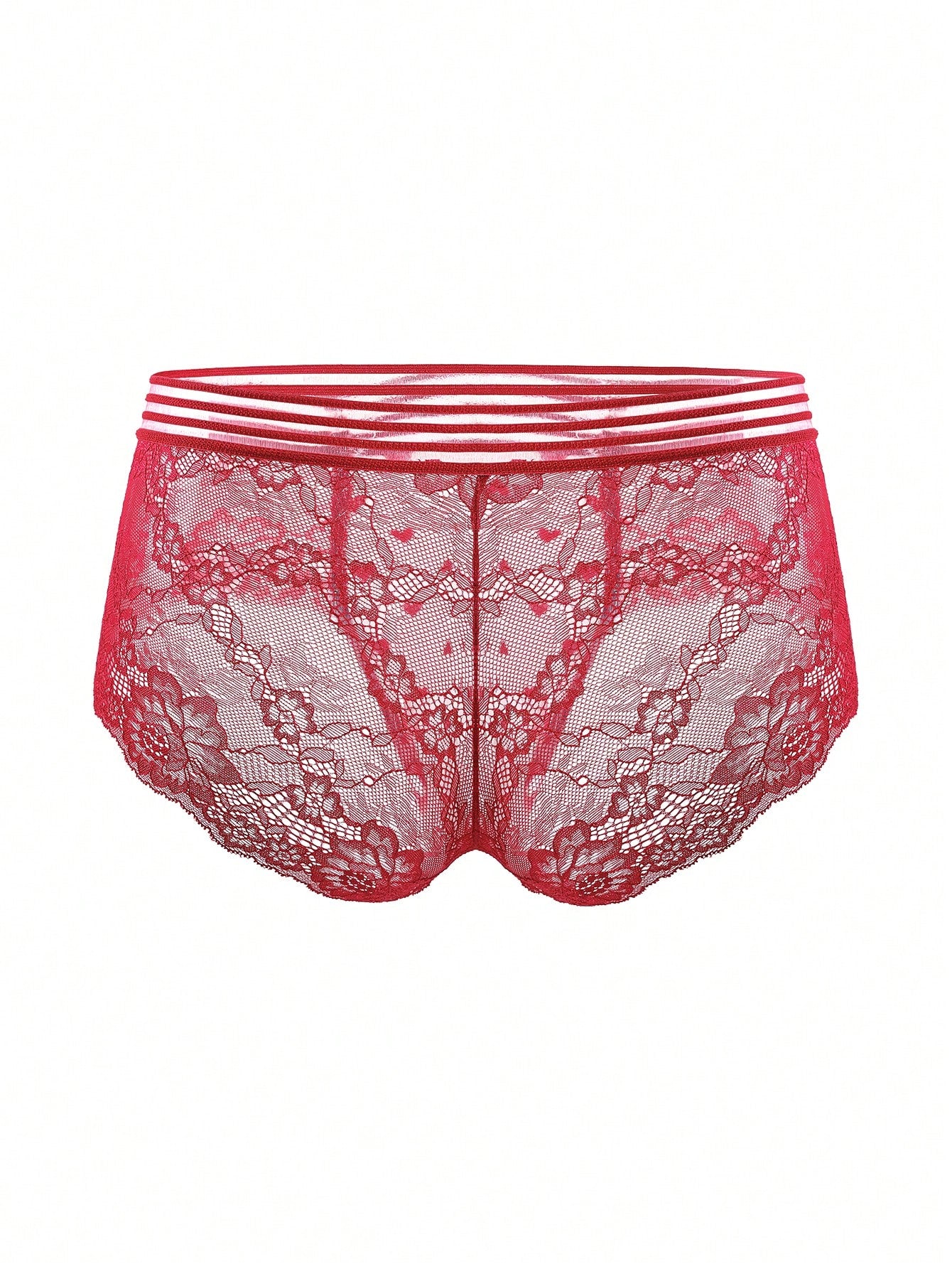 Men's semi-sheer lace briefs in burgundy with a geometric pattern, mid-rise fit, and medium-stretch knitted fabric.