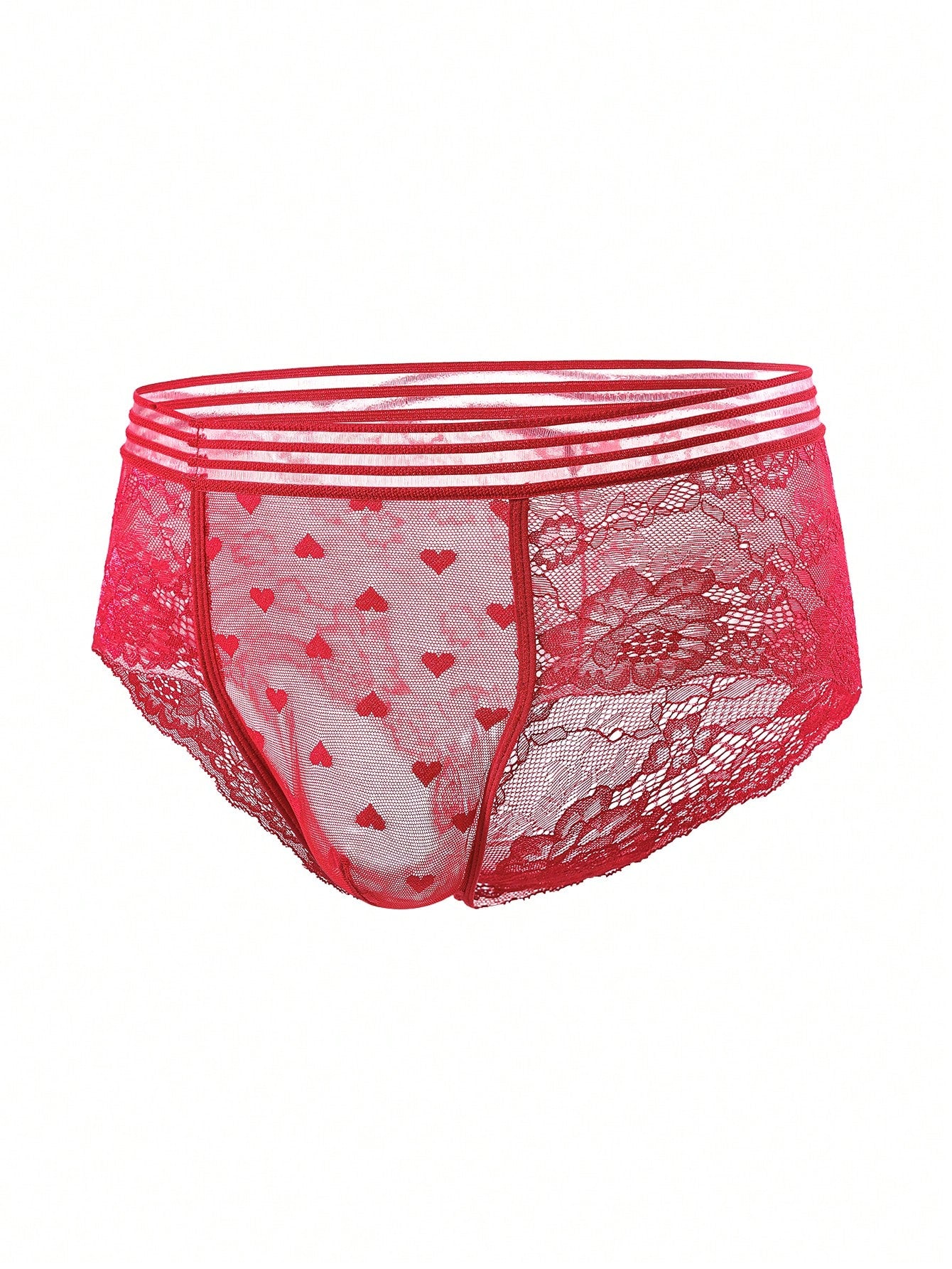 Men's semi-sheer lace briefs in burgundy with a geometric pattern, mid-rise fit, and medium-stretch knitted fabric.