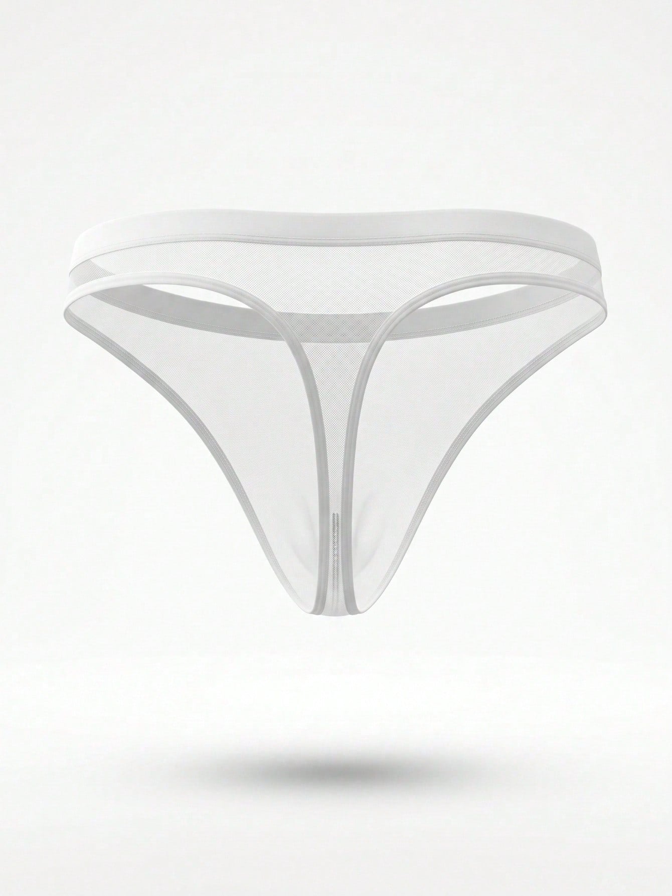 Men's white mesh thong underwear with contrast mesh detail, mid-rise fit, sheer breathable fabric, and medium stretch.