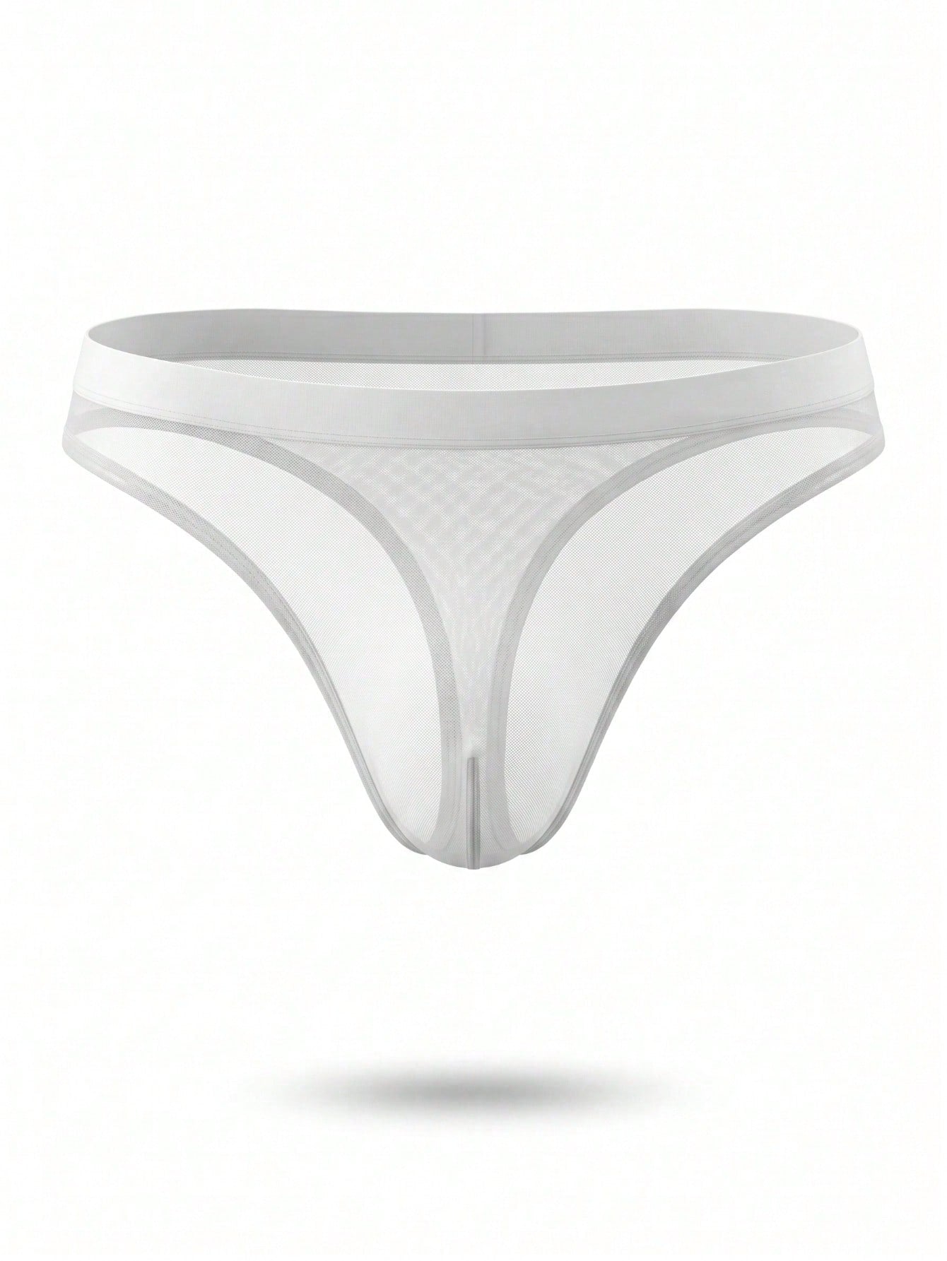 Men's white mesh thong underwear with contrast mesh detail, mid-rise fit, sheer breathable fabric, and medium stretch.