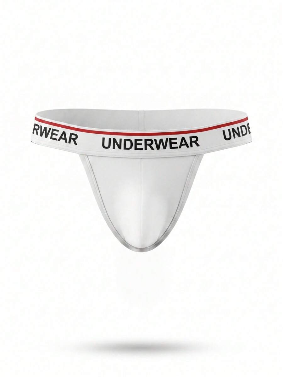 Low rise men's thong underwear with rhinestone letter print detail.