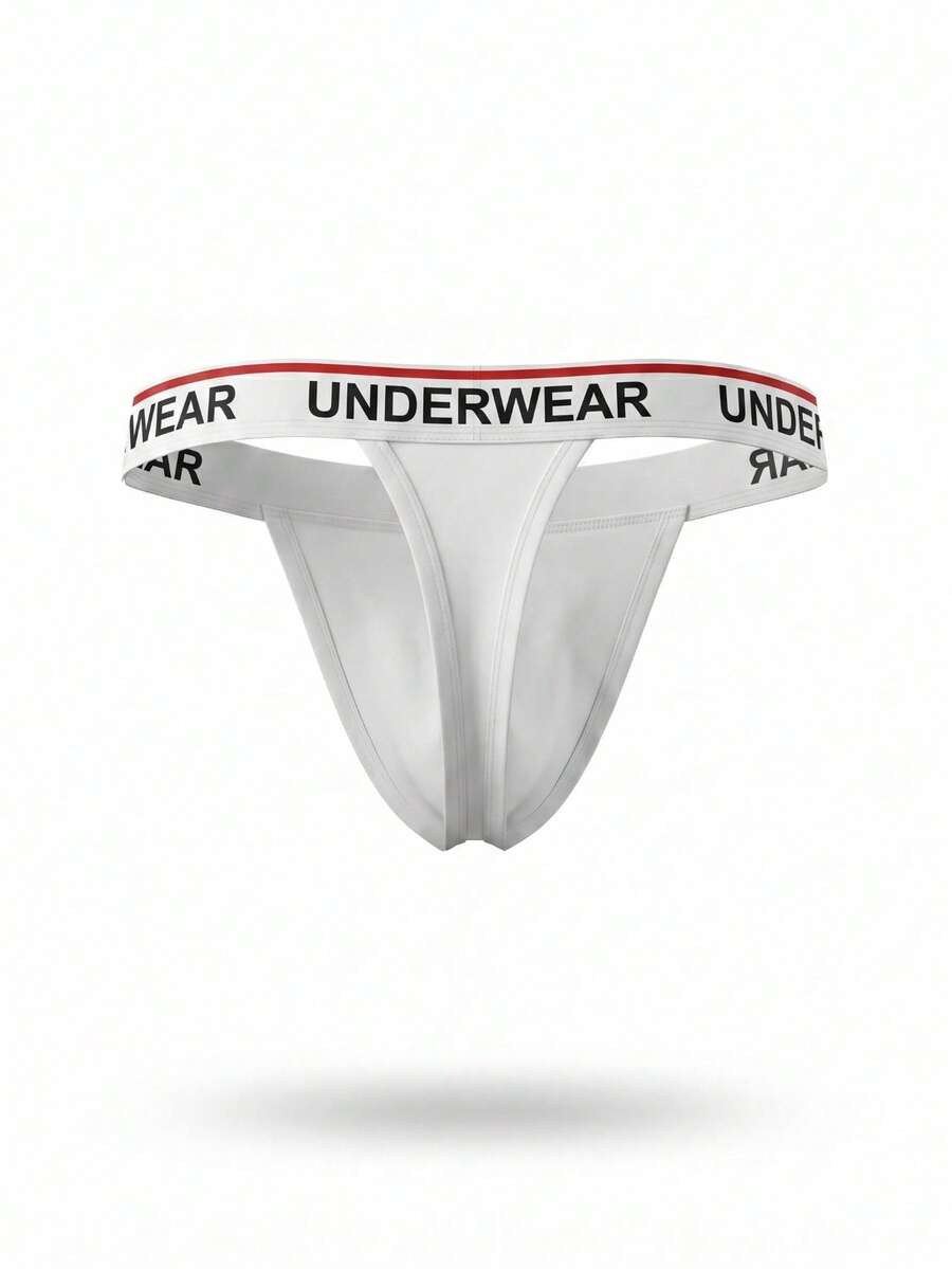 Low rise men's thong underwear with rhinestone letter print detail.