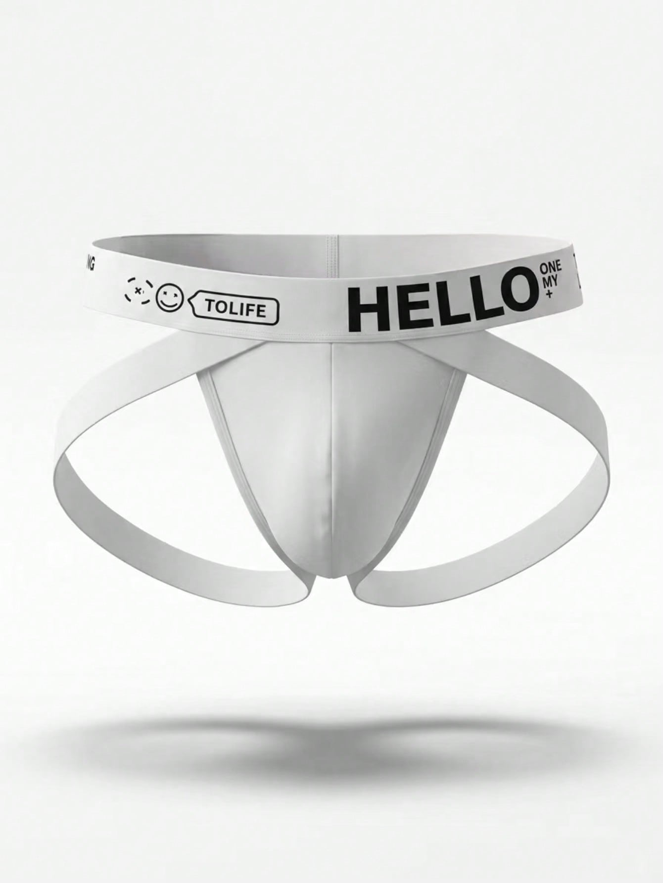 White men's low rise jockstrap with letter jacquard pattern, hollow-out design, and tape detail in medium-stretch knitted fabric.