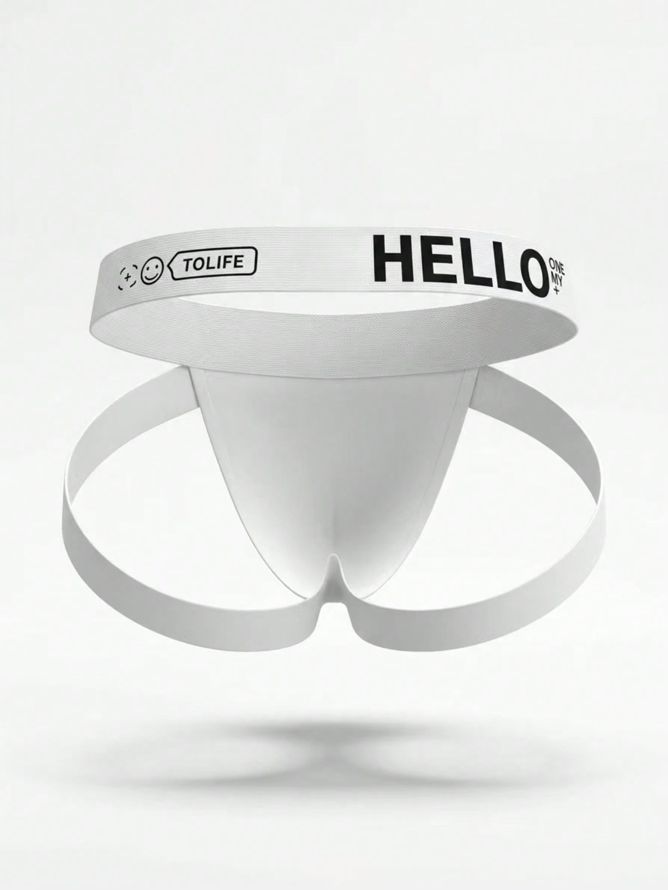 White men's low rise jockstrap with letter jacquard pattern, hollow-out design, and tape detail in medium-stretch knitted fabric.
