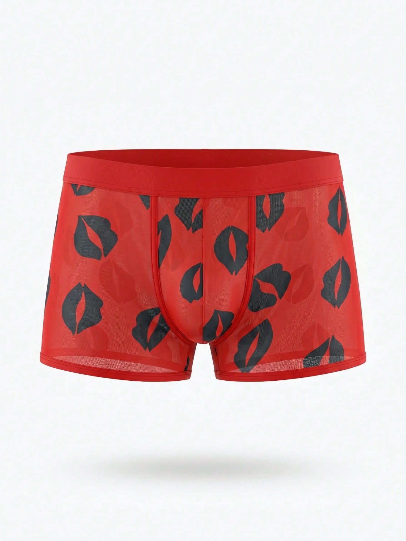 Red sheer men's mesh boxer shorts with tape detail, mid-rise waist, and slight stretch knitted fabric.