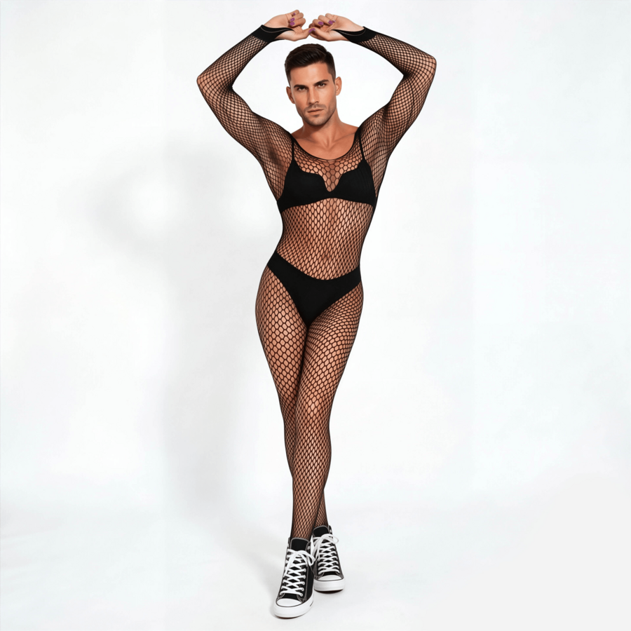 Men's black fishnet long sleeve bodysuit featuring a deep V-neck and hollow-out see-through mesh fabric.