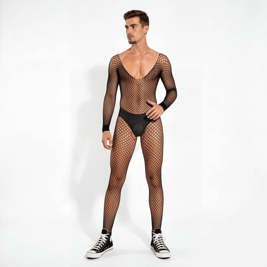 Men's black fishnet long sleeve bodysuit featuring a deep V-neck and hollow-out see-through mesh fabric.