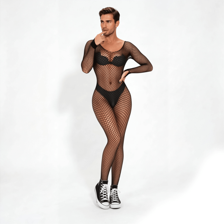 Men's black fishnet long sleeve bodysuit featuring a deep V-neck and hollow-out see-through mesh fabric.