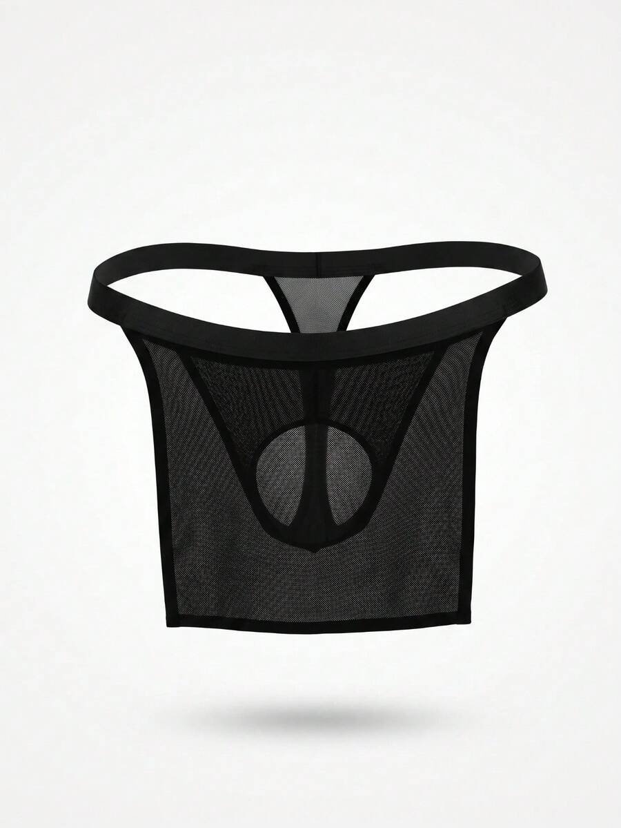 Front view of a men's black low rise thong underwear made from stretch fabric.