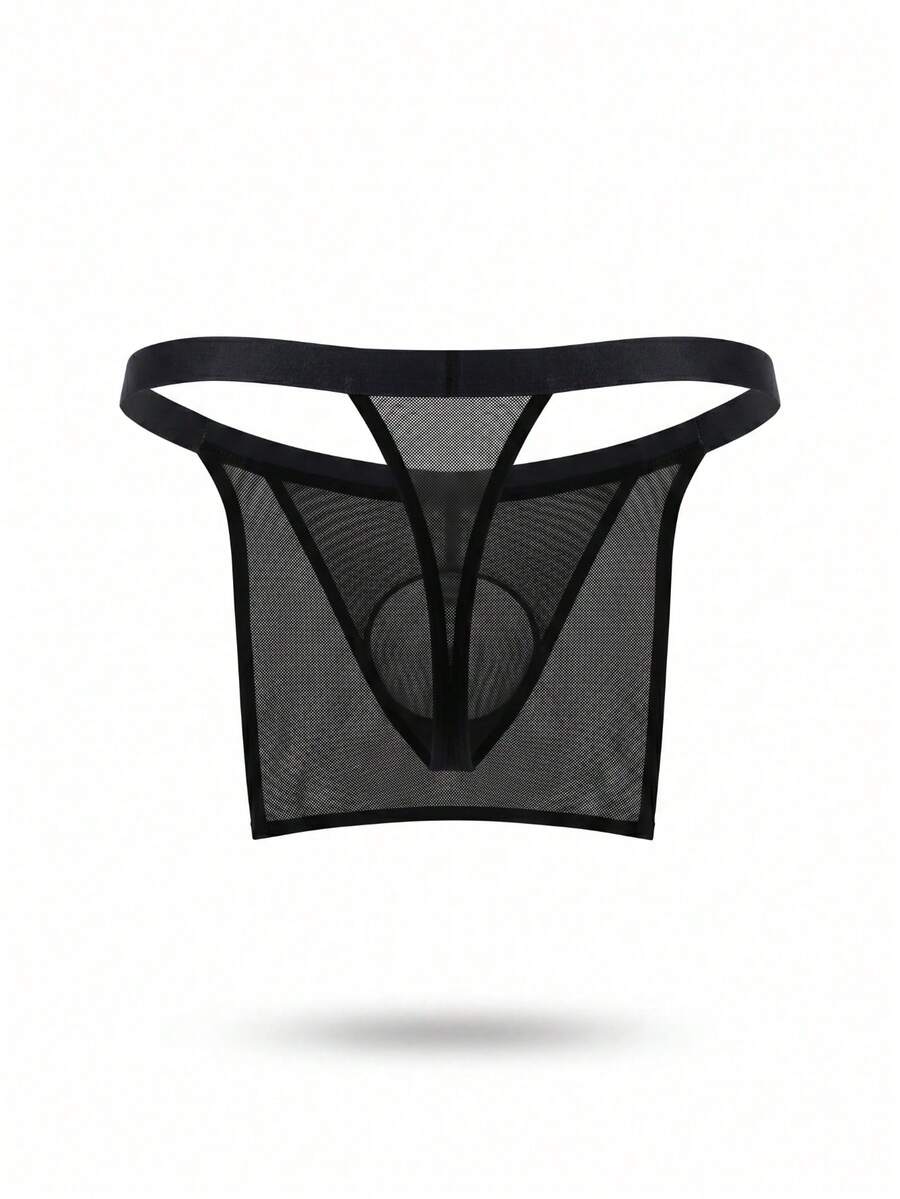 Front view of a men's black low rise thong underwear made from stretch fabric.