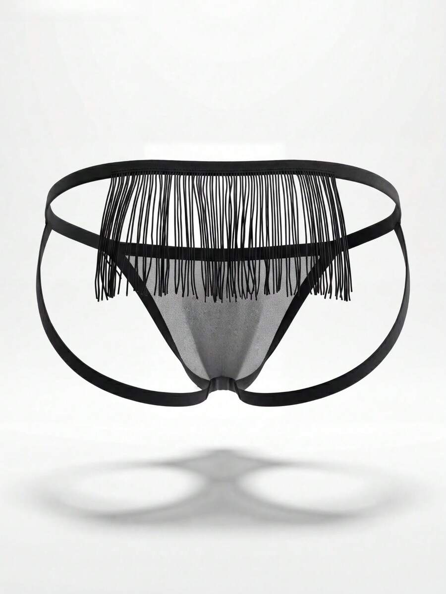 Black men's mesh jockstrap underwear featuring a hollow tassel design, colorblock pattern, and low rise fit.