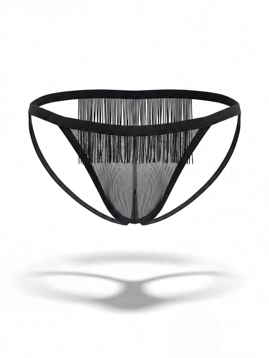 Black men's mesh jockstrap underwear featuring a hollow tassel design, colorblock pattern, and low rise fit.