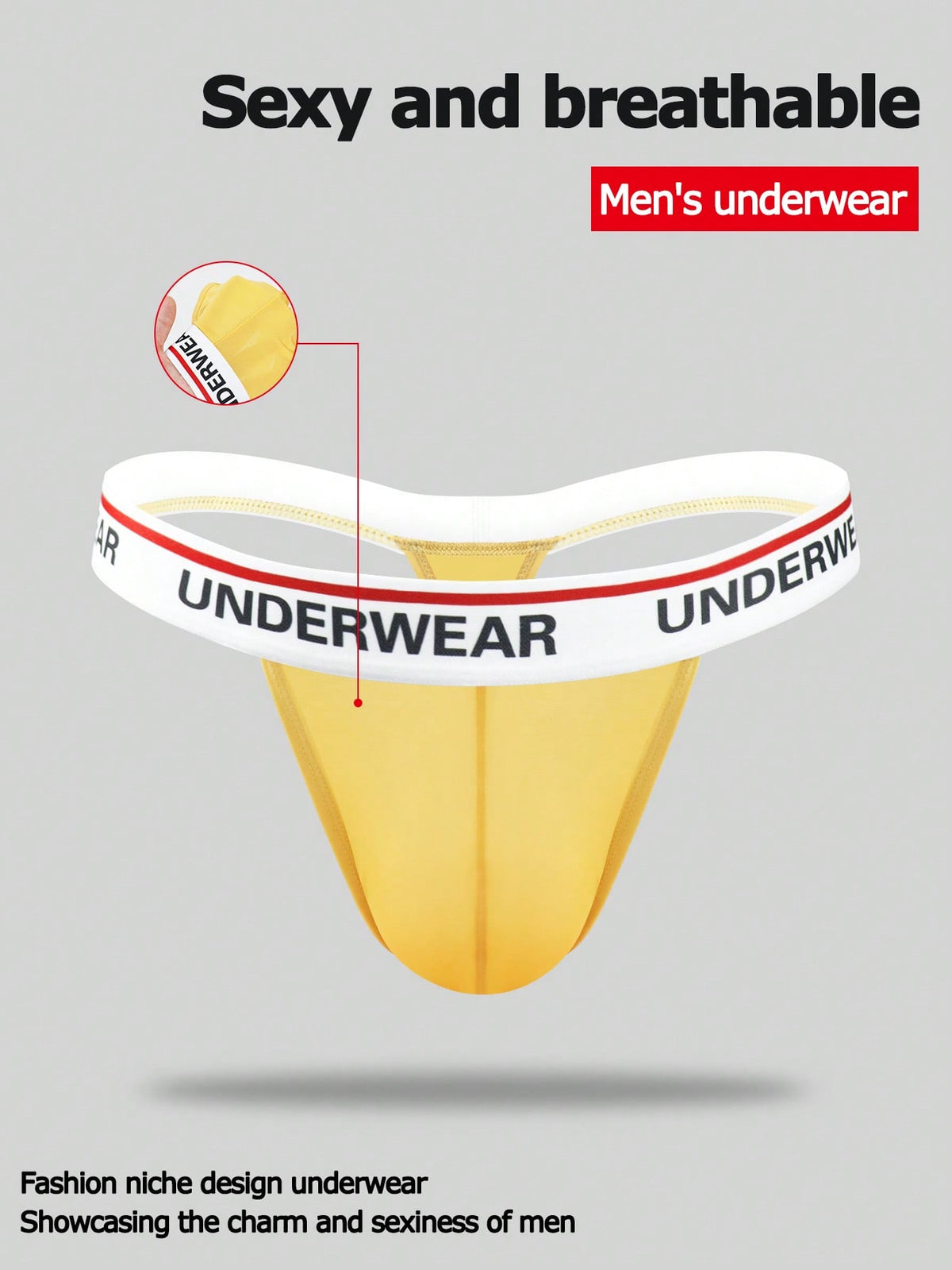 Low rise men's thong underwear with rhinestone letter print detail.