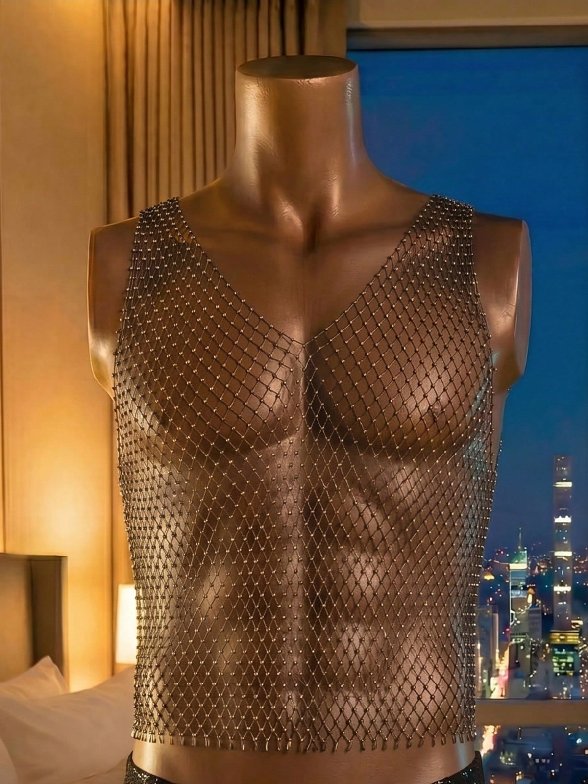 Men's black rhinestone tank top with hollow out sheer metallic design and V-neck cut.