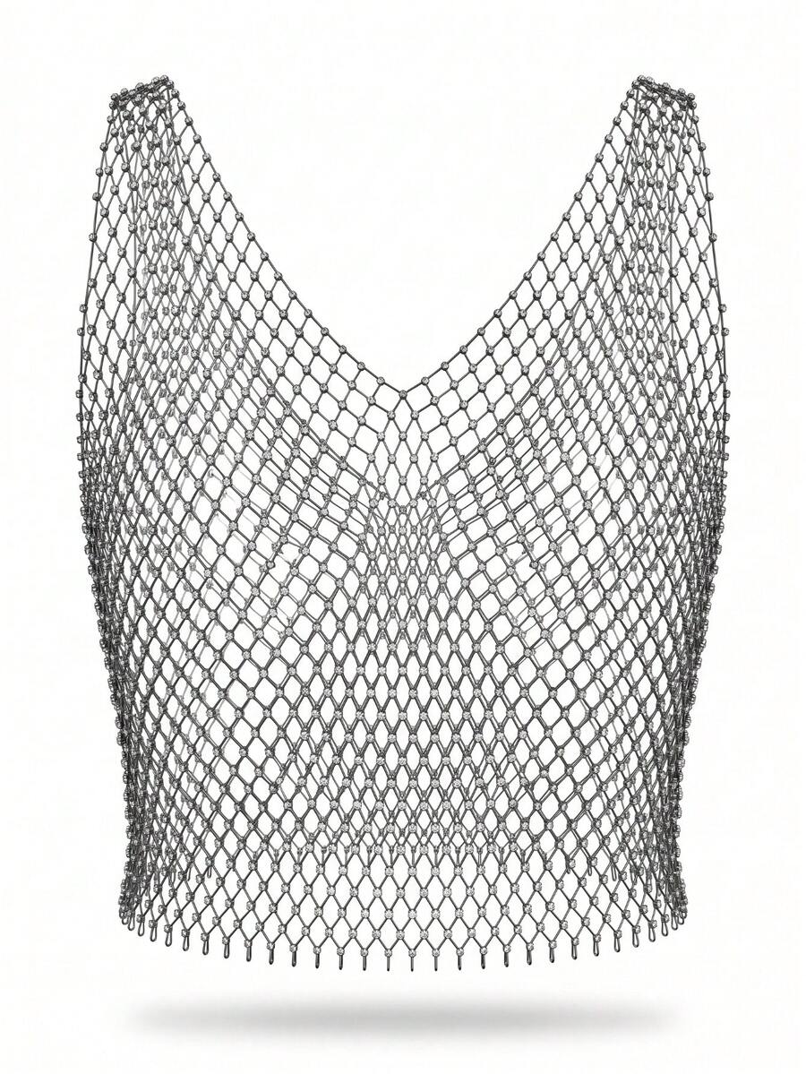 Men's black rhinestone tank top with hollow out sheer metallic design and V-neck cut.