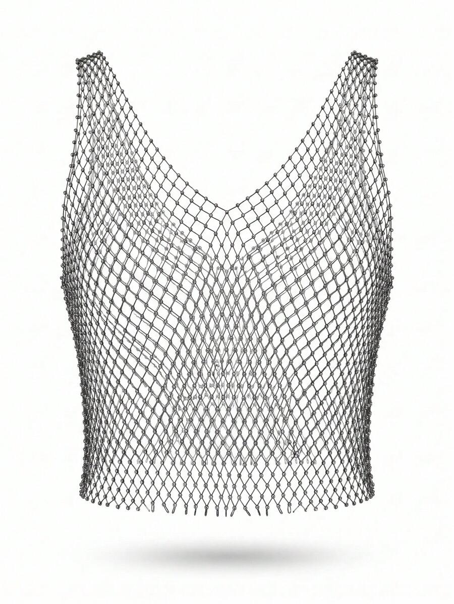 Men's black rhinestone tank top with hollow out sheer metallic design and V-neck cut.