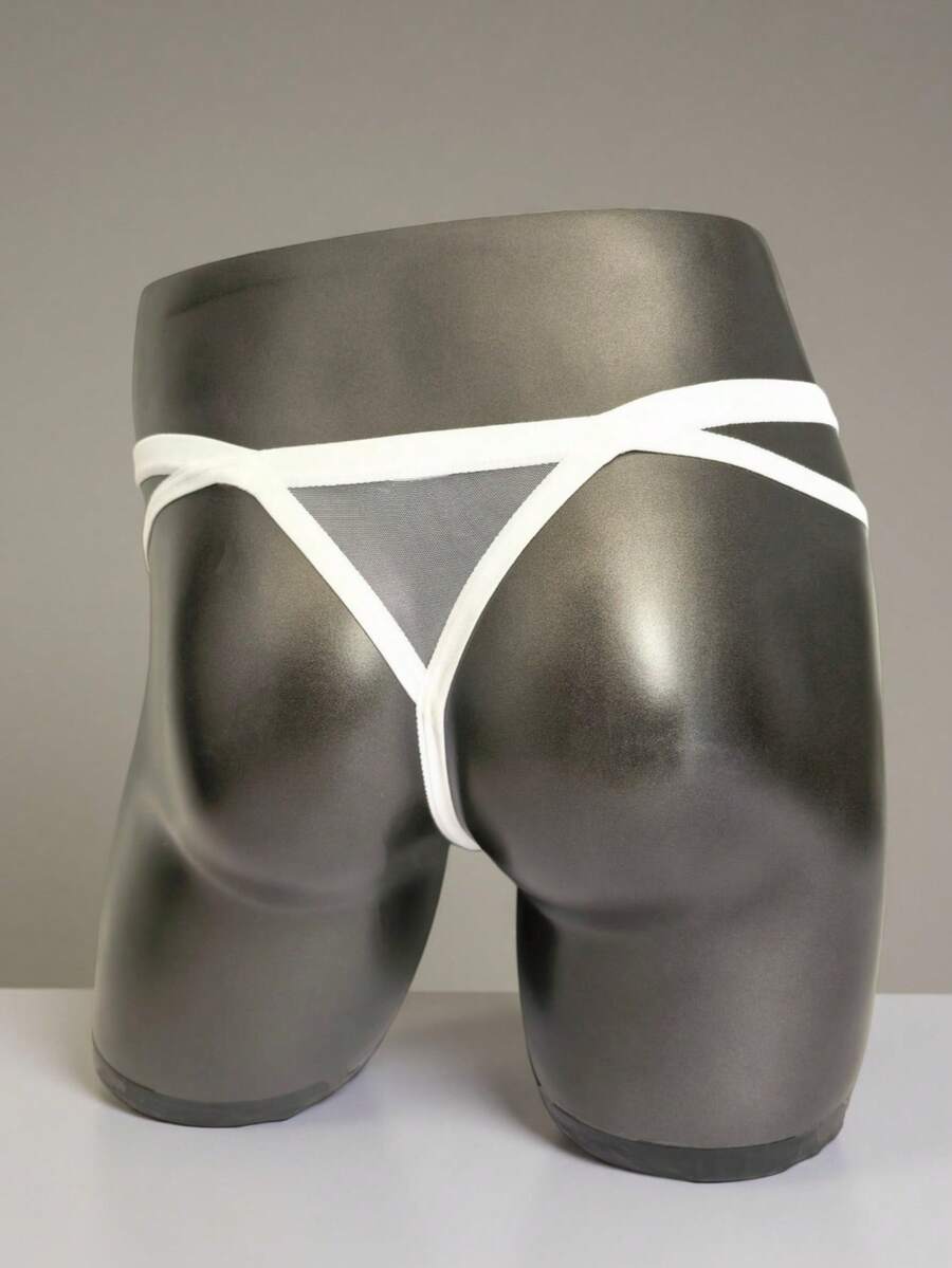 Men's black mesh G-string thong underwear featuring a low-waist cut-out front design.