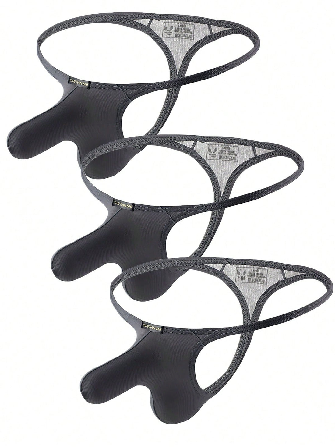 3-pack of men's low-rise g-string thong underwear featuring a bulge pouch design, breathable mesh fabric, and high elastic waistband.