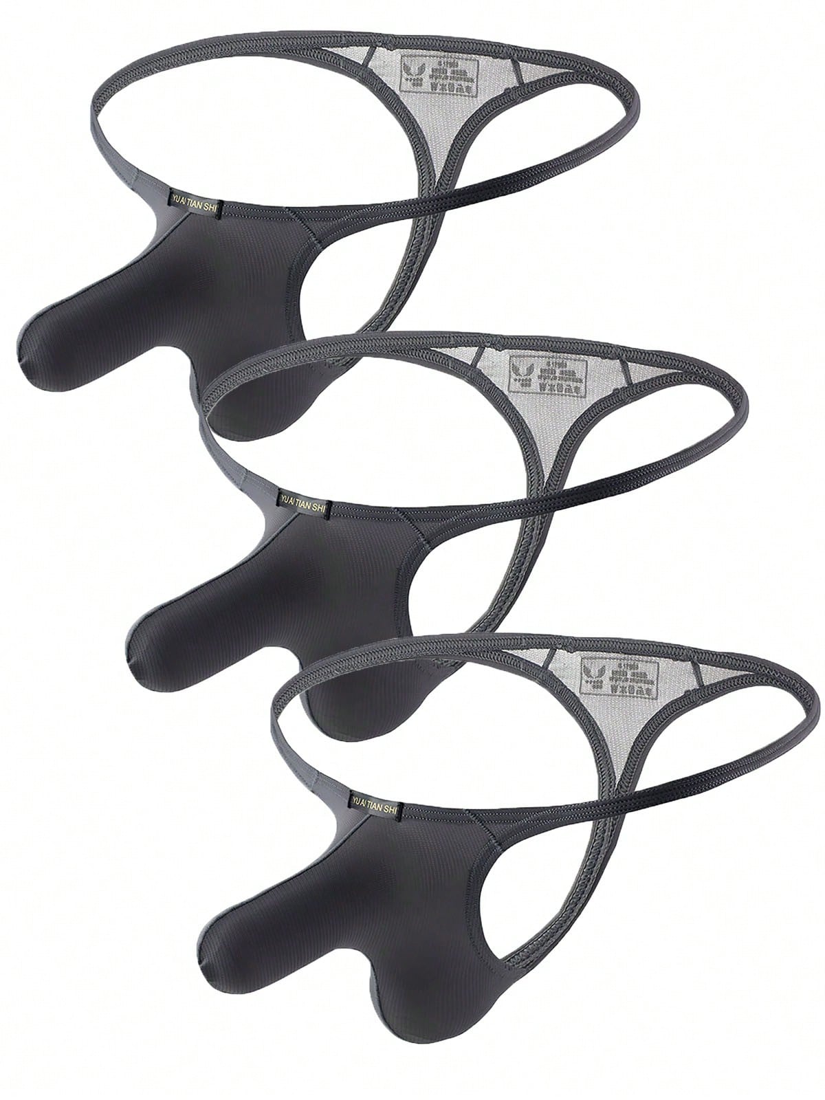 3-pack of men's low-rise g-string thong underwear featuring a bulge pouch design, breathable mesh fabric, and high elastic waistband.