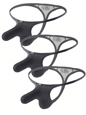 3-pack of men's low-rise g-string thong underwear featuring a bulge pouch design, breathable mesh fabric, and high elastic waistband.