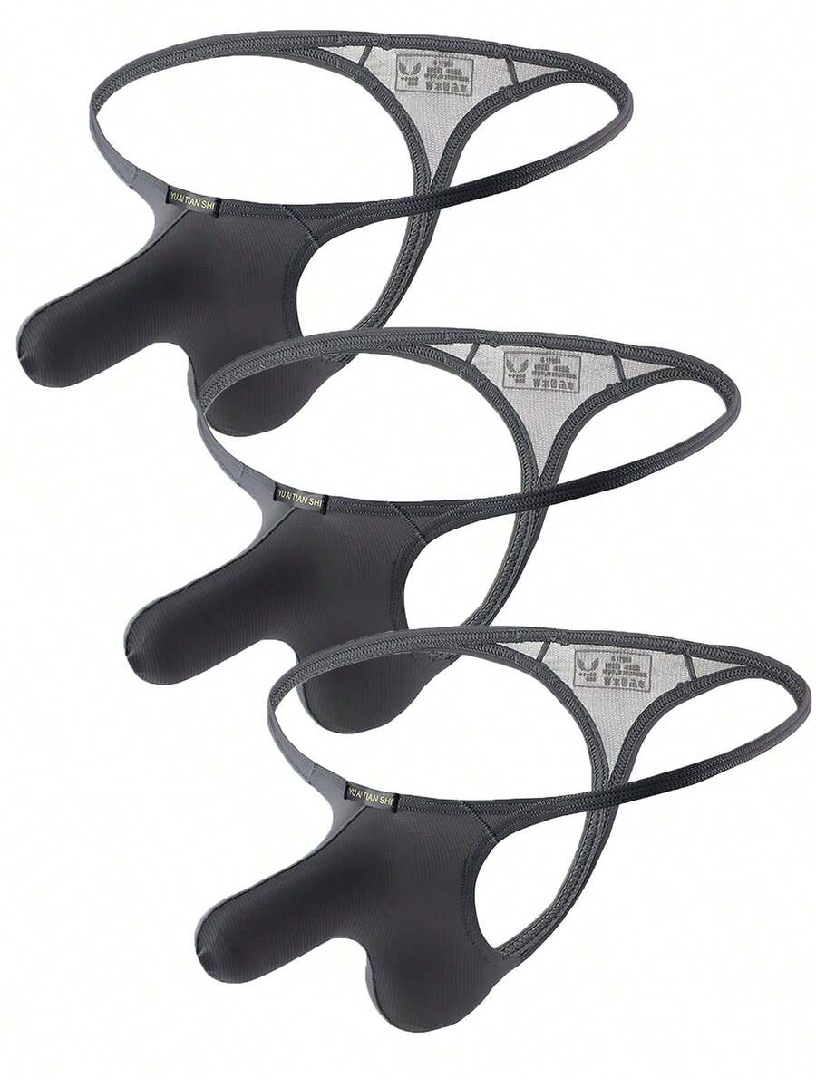 3-pack of men's low-rise g-string thong underwear featuring a bulge pouch design, breathable mesh fabric, and high elastic waistband.
