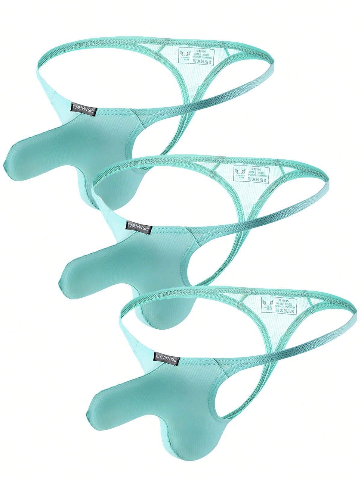 3-pack of men's low-rise g-string thong underwear featuring a bulge pouch design, breathable mesh fabric, and high elastic waistband.