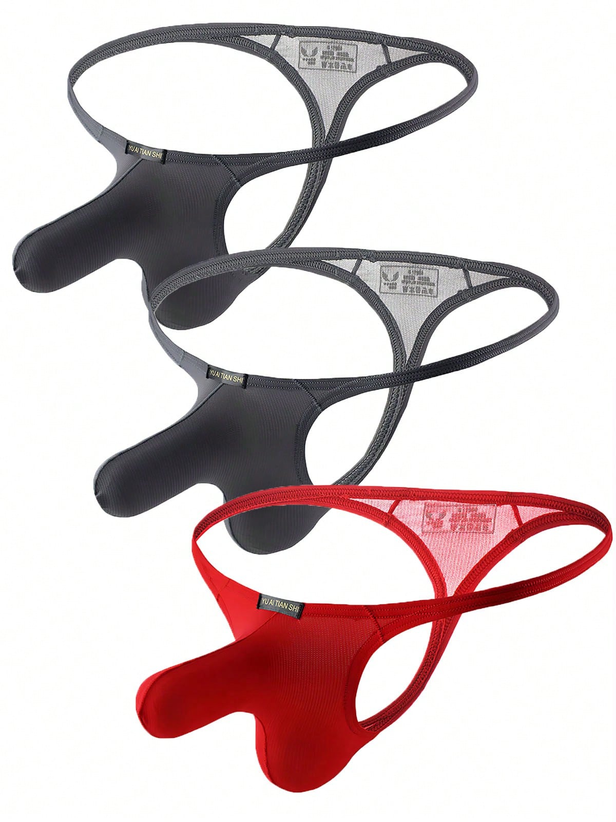 3-pack of men's low-rise g-string thong underwear featuring a bulge pouch design, breathable mesh fabric, and high elastic waistband.