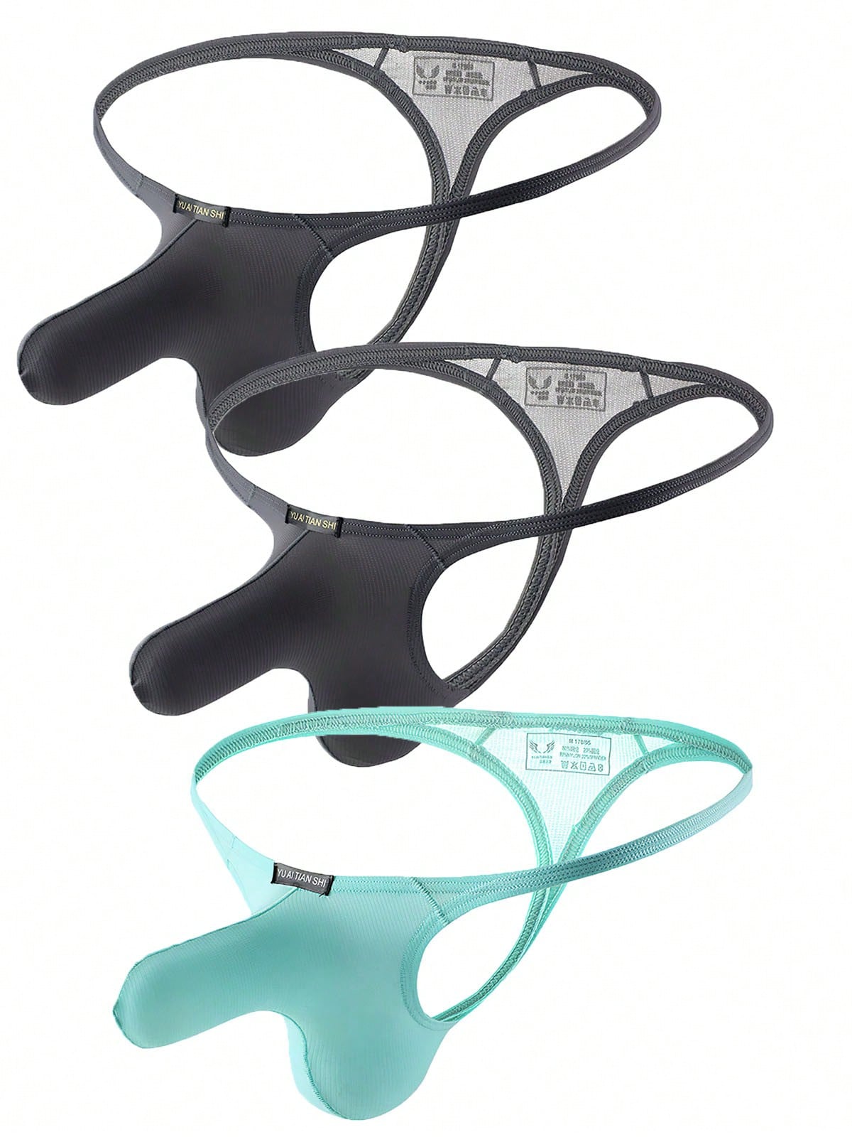 3-pack of men's low-rise g-string thong underwear featuring a bulge pouch design, breathable mesh fabric, and high elastic waistband.