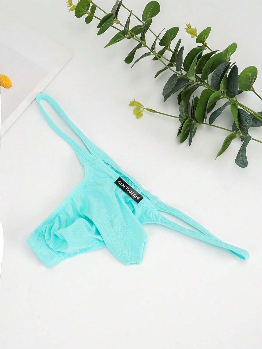 3-pack of men's low-rise g-string thong underwear featuring a bulge pouch design, breathable mesh fabric, and high elastic waistband.