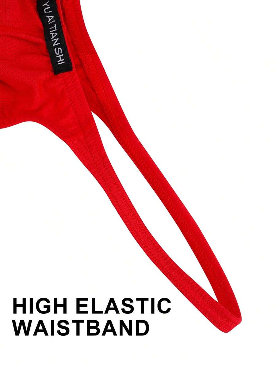 3-pack of men's low-rise g-string thong underwear featuring a bulge pouch design, breathable mesh fabric, and high elastic waistband.